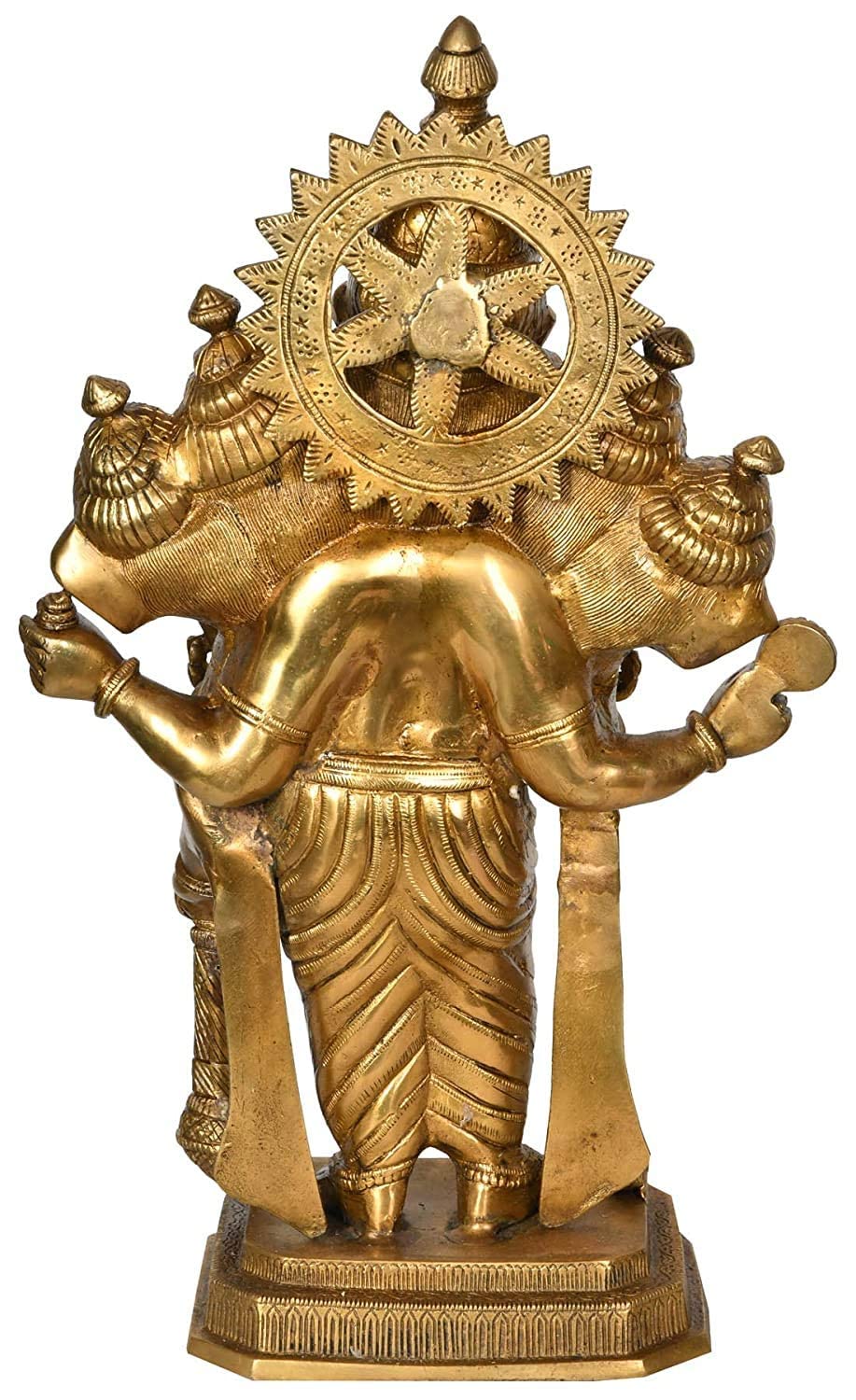 Handcrafted 17-inch solid brass Panchmukhi Ganesha idol — rare five-faced standing Ganpati with sun-ray halo, multiple arms and Mooshika on octagonal base — ArtyCraftz