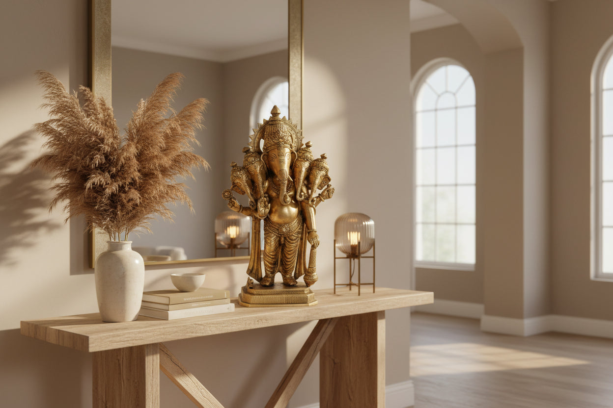 Handcrafted 17-inch solid brass Panchmukhi Ganesha idol — rare five-faced standing Ganpati with sun-ray halo, multiple arms and Mooshika on octagonal base — ArtyCraftz