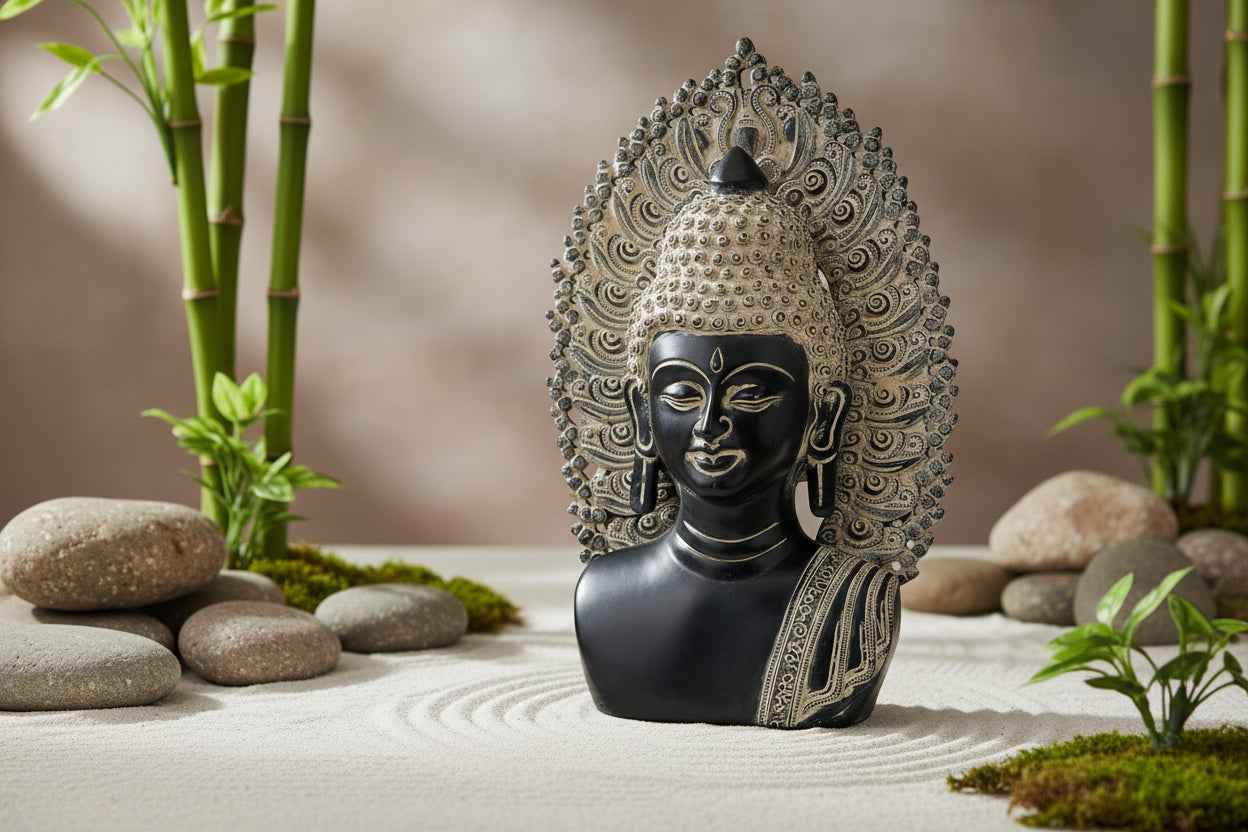 Brass Buddha Head Bust 18 Inch Handcrafted Black & Silver Prabhavali Arch Statement Piece | Meditation & Contemporary Sacred Decor