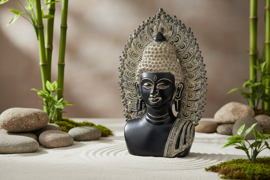 Handcrafted 18-inch resin Buddha head bust — deep black face and bust with ornate silver-white scrollwork prabhavali arch, Ushnisha crown and filigree border detailing — ArtyCraftz