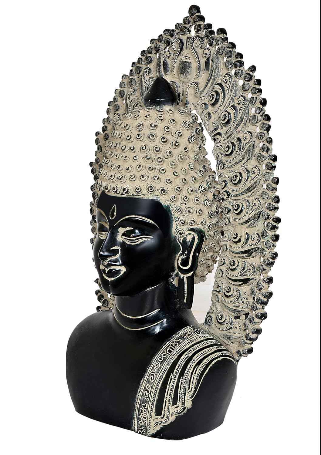 Brass Buddha Head Bust 18 Inch Handcrafted Black & Silver Prabhavali Arch Statement Piece | Meditation & Contemporary Sacred Decor