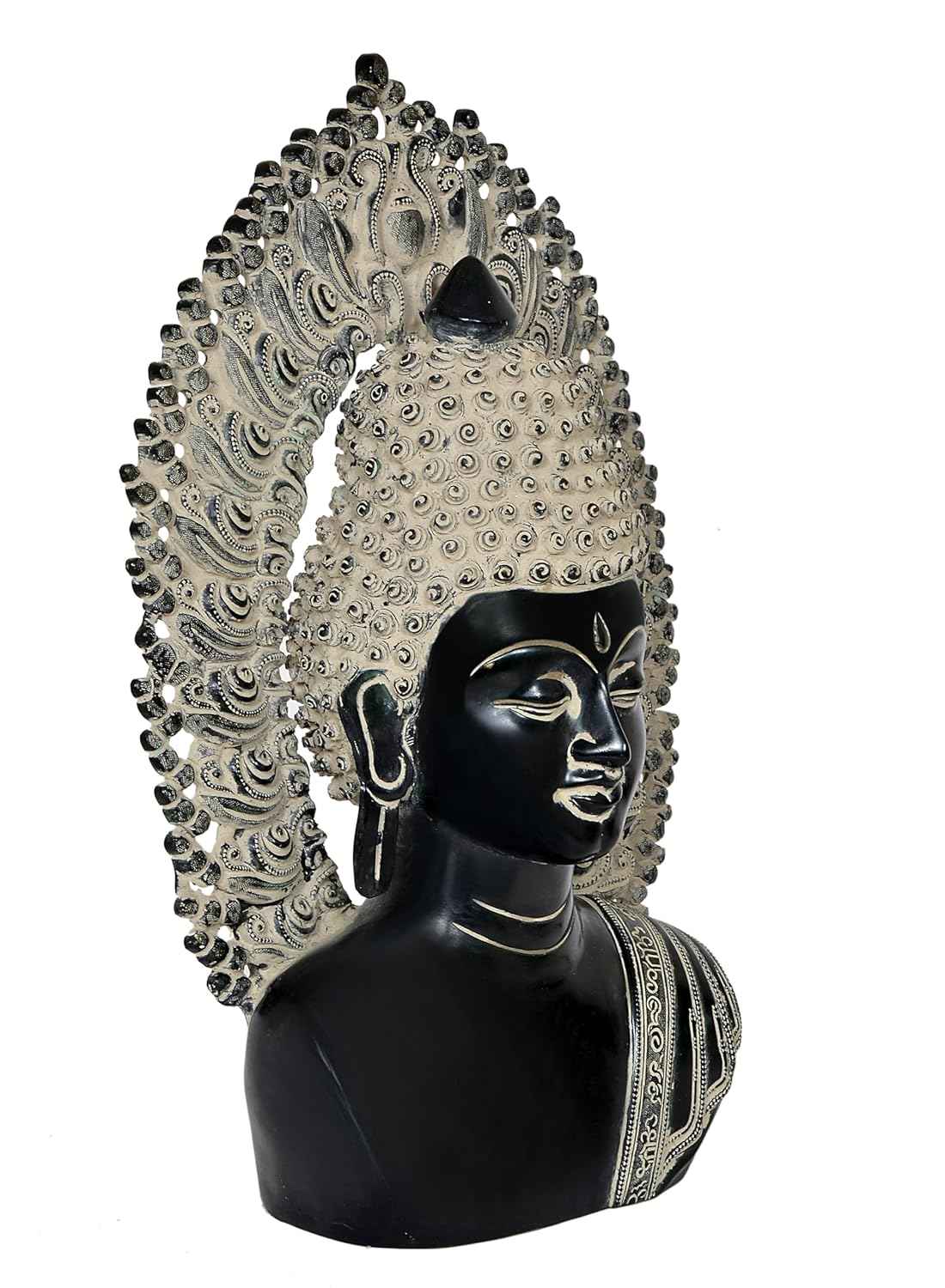 Brass Buddha Head Bust 18 Inch Handcrafted Black & Silver Prabhavali Arch Statement Piece | Meditation & Contemporary Sacred Decor