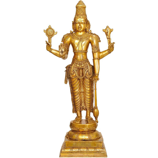 Handcrafted 20.5-inch standing brass Vishnu idol in Chaturbhuj form holding Sudarshana Chakra, Shankha, Gada and Padma, on lotus pedestal — ArtyCraftz