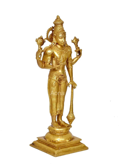 Handcrafted 20.5-inch standing brass Vishnu idol in Chaturbhuj form holding Sudarshana Chakra, Shankha, Gada and Padma, on lotus pedestal — ArtyCraftz