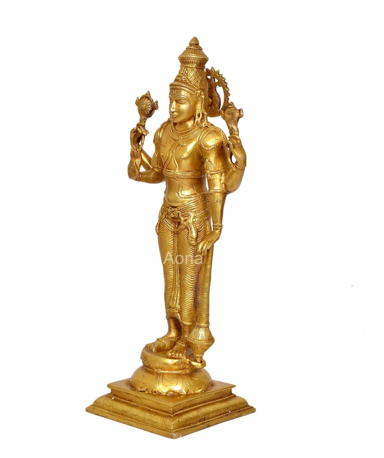 Handcrafted 20.5-inch standing brass Vishnu idol in Chaturbhuj form holding Sudarshana Chakra, Shankha, Gada and Padma, on lotus pedestal — ArtyCraftz