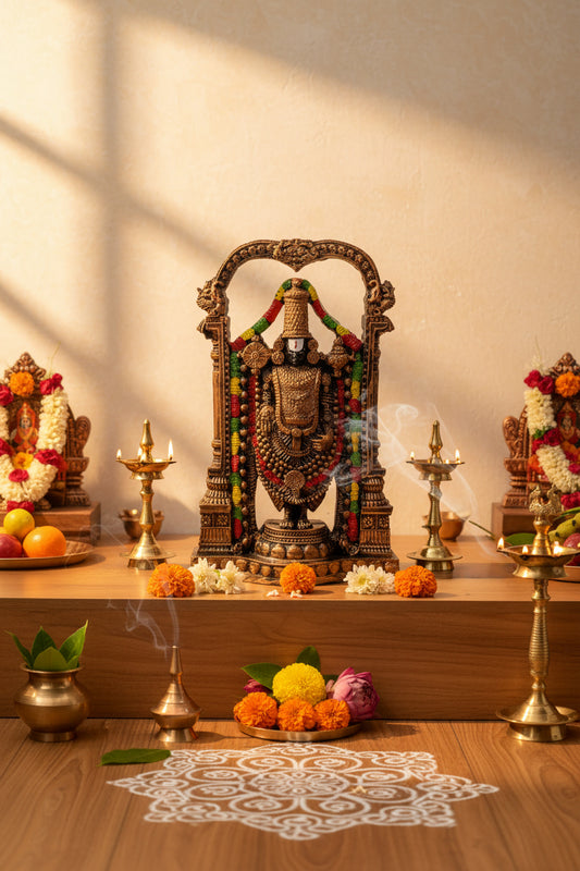 Handcrafted 21 cm polyresin Tirupati Balaji Venkateswara idol with decorative arch, temple pillars, colourful garlands and antique copper-black finish — ArtyCraftz