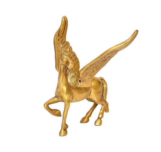 Handcrafted 4-inch solid brass Pegasus flying horse statue — antique gold finish, wings spread, one hoof raised — ArtyCraftz