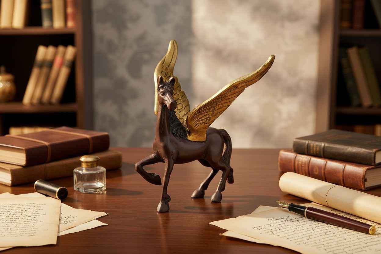 Brass Pegasus Flying Horse Statue 4 Inch Handcrafted Winged Horse Figurine | Available in Antique Gold & Two-Tone Brown Gold
