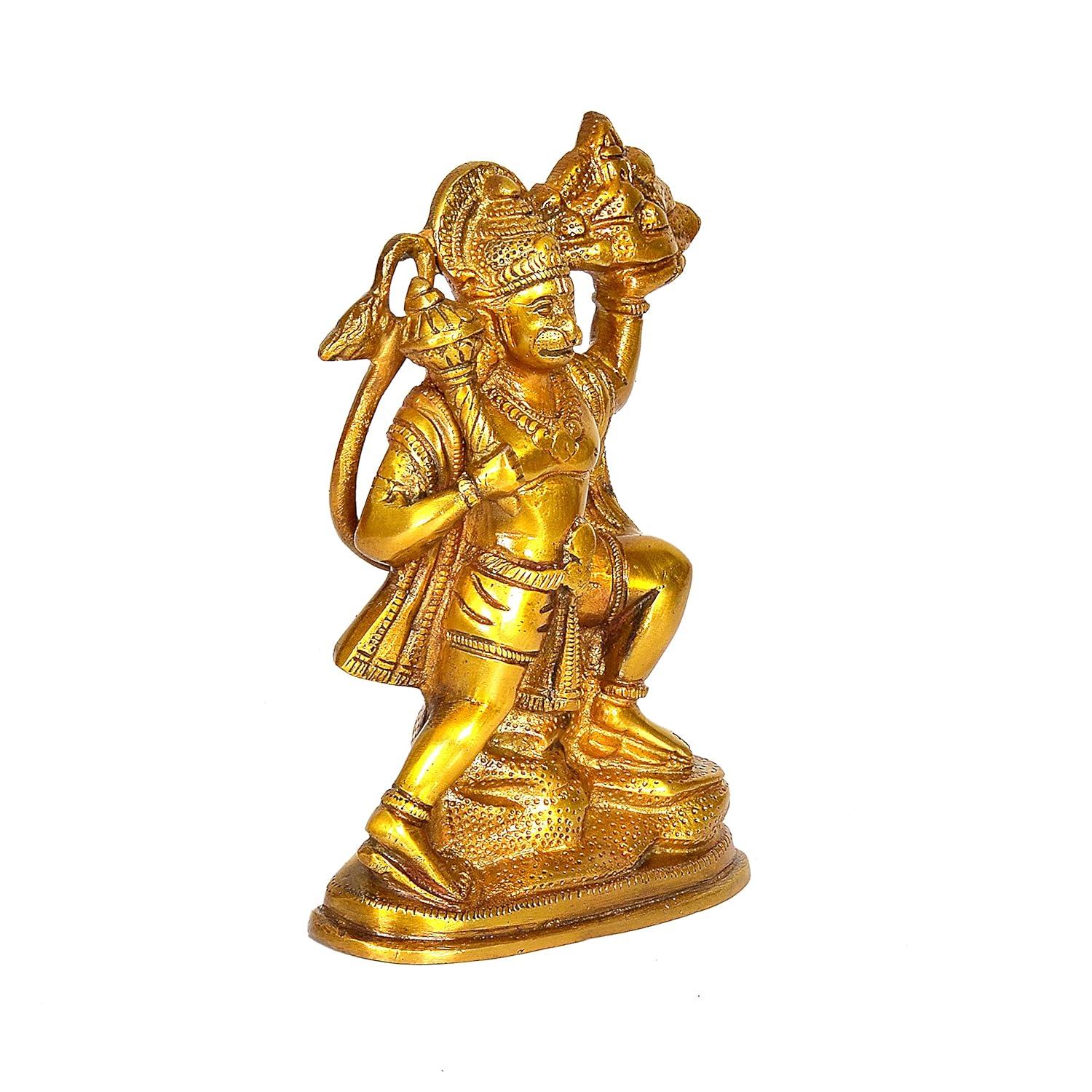 Handcrafted 6.5-inch solid brass Hanuman idol — flying pose carrying Sanjeevani mountain in right hand and gada in left, antique gold finish on oval base — ArtyCraftz