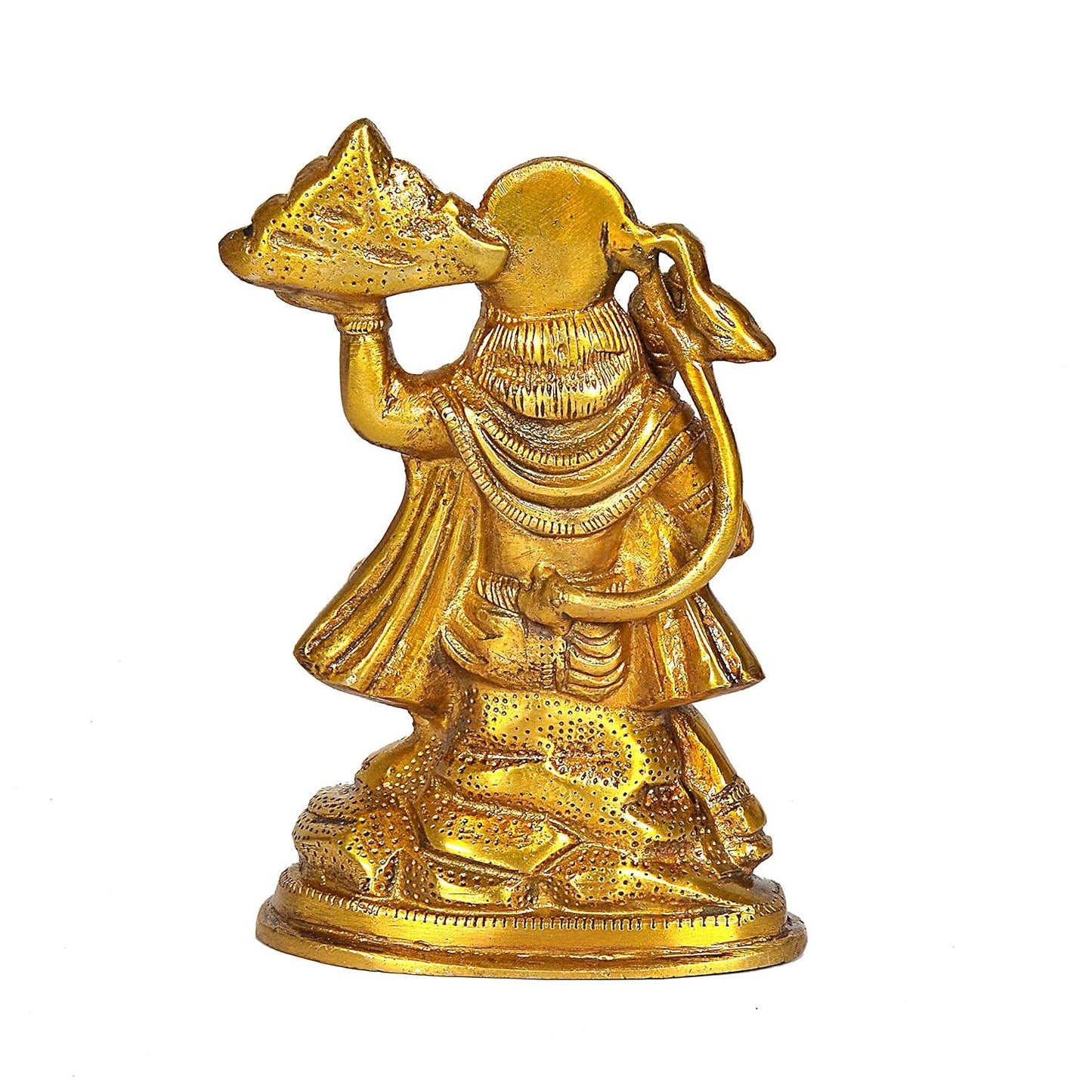 Handcrafted 6.5-inch solid brass Hanuman idol — flying pose carrying Sanjeevani mountain in right hand and gada in left, antique gold finish on oval base — ArtyCraftz