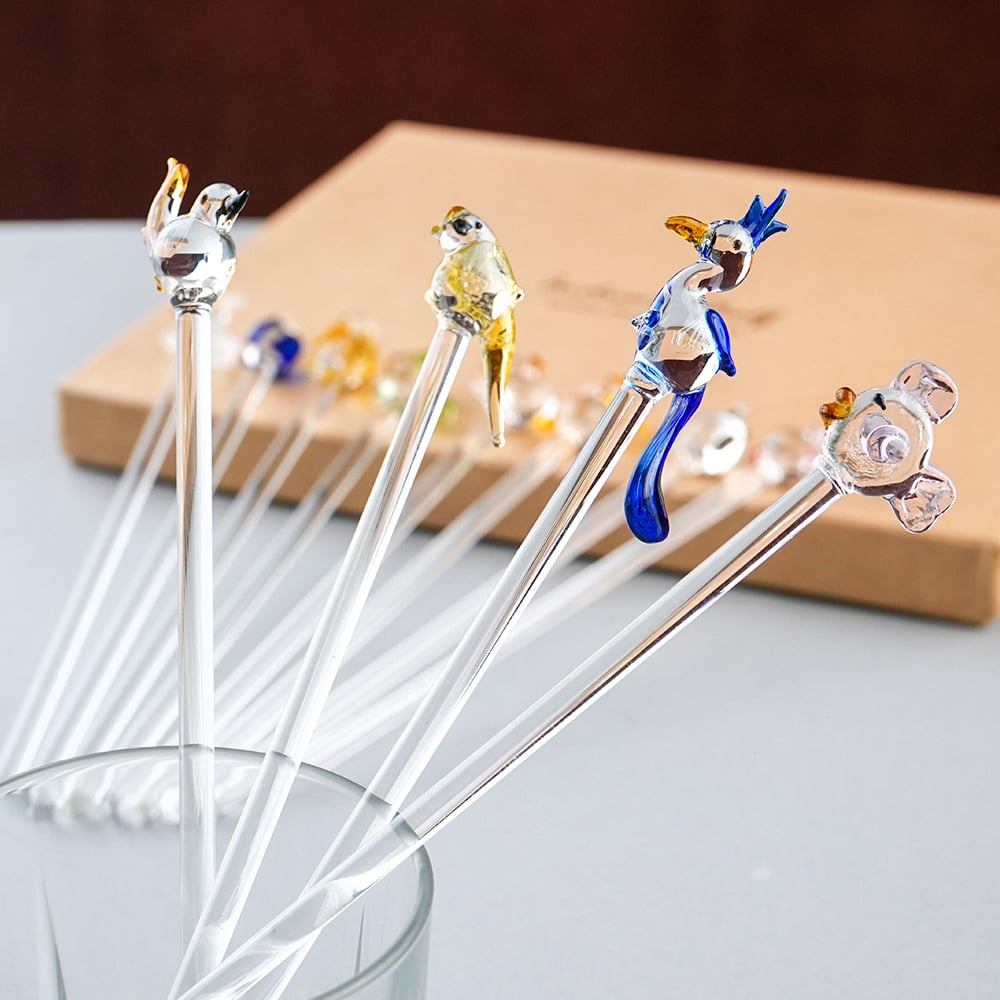 Handcrafted 6 Assorted Glass Animal Swizzle Sticks-ArtyCraftz.com