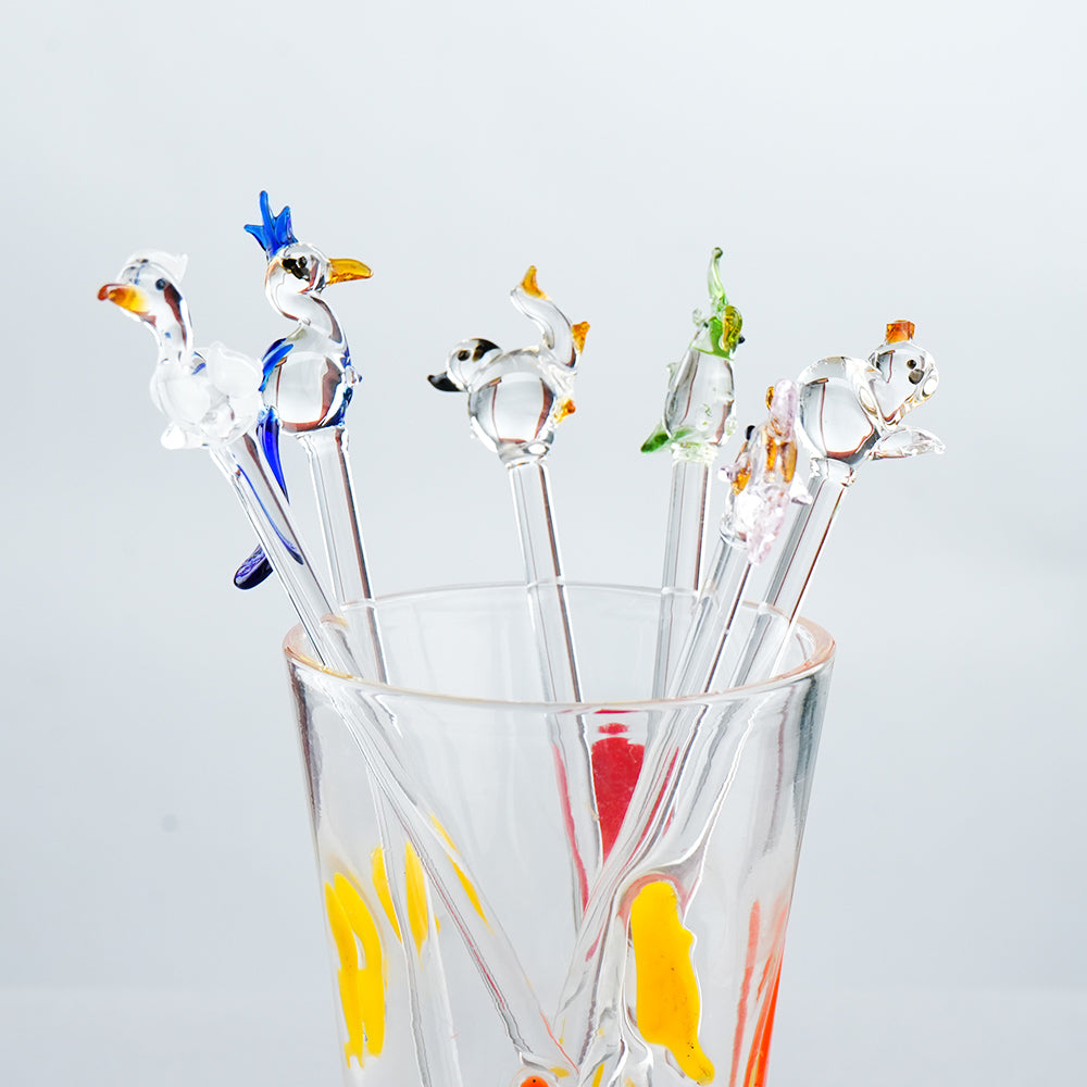 Handcrafted 6 Assorted Glass Animal Swizzle Sticks-ArtyCraftz.com
