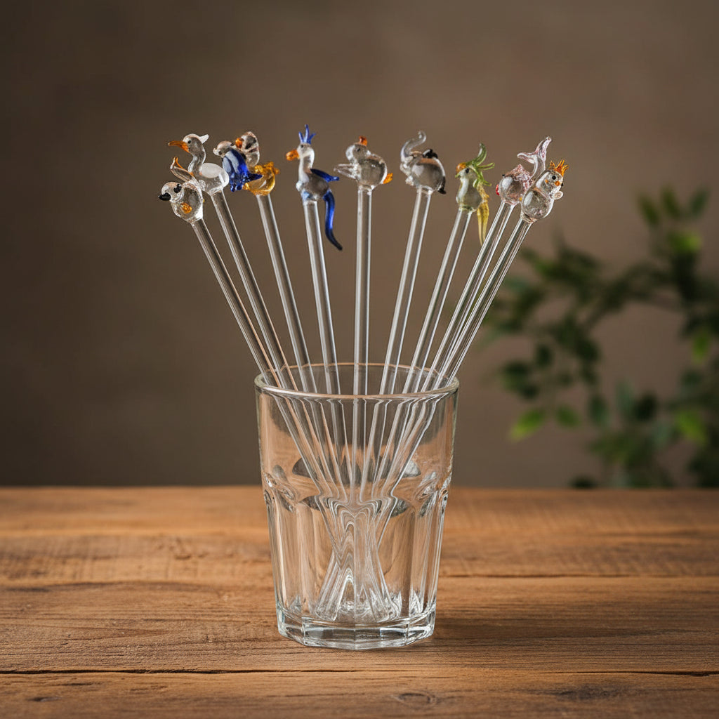 Handcrafted 6 Assorted Glass Animal Swizzle Sticks-ArtyCraftz.com