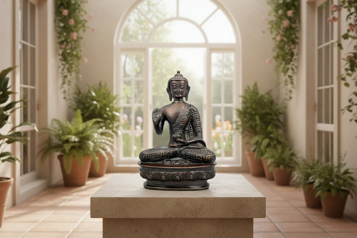 Handcrafted 7.5-inch solid brass Buddha idol seated in Abhaya Mudra, rich dark bronze antique finish with copper highlights, engraved robe border detailing on lotus base — ArtyCraftz