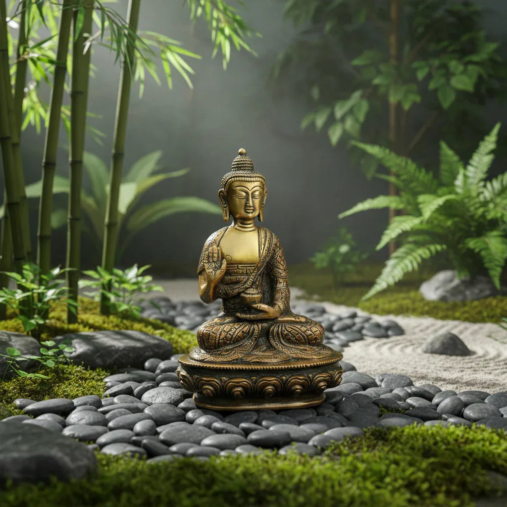 Handcrafted 7.5-inch solid brass Buddha idol seated in Abhaya Mudra — warm copper and antique gold two-tone finish with engraved robe and medicine bowl on lotus base — ArtyCraftz