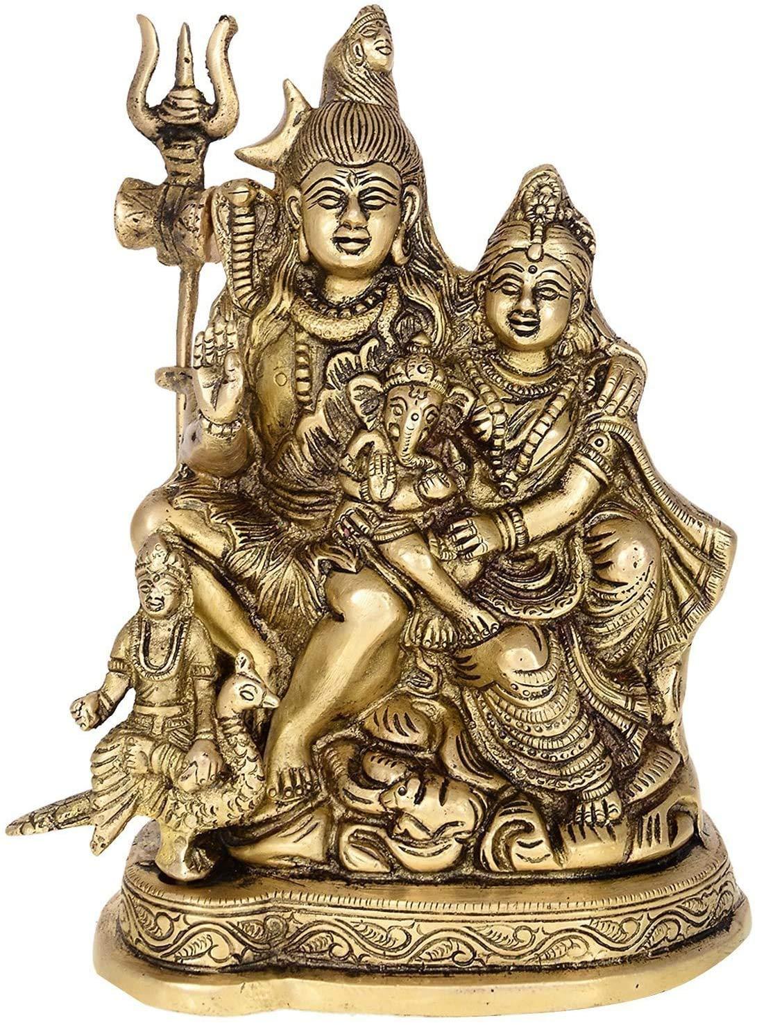 Handcrafted 7.75-inch solid brass Shiv Parivar idol — Lord Shiva, Goddess Parvati, Ganesha and Kartikeya complete divine family seated together with trishul, crescent moon and peacock — ArtyCraftz