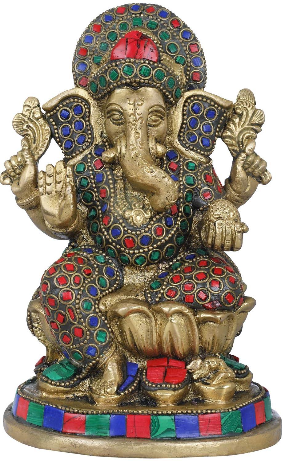 Handcrafted 8-inch brass Ganesha idol with red, green and blue stone inlay work, seated on lotus base — ArtyCraftz