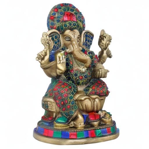 Handcrafted 8-inch brass Ganesha idol with red, green and blue stone inlay work, seated on lotus base — ArtyCraftz
