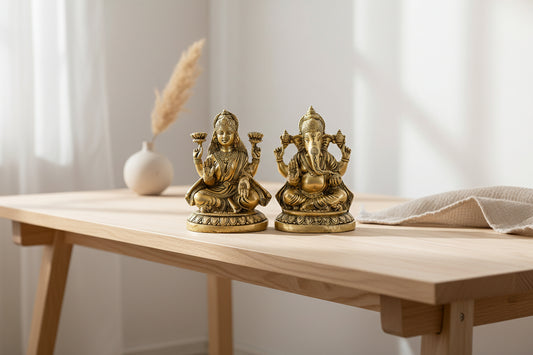 Handcrafted 8-inch brass Lakshmi and Ganesha idol set seated on lotus bases, antique gold finish perfect for Diwali pooja and home mandir- ArtyCraftz
