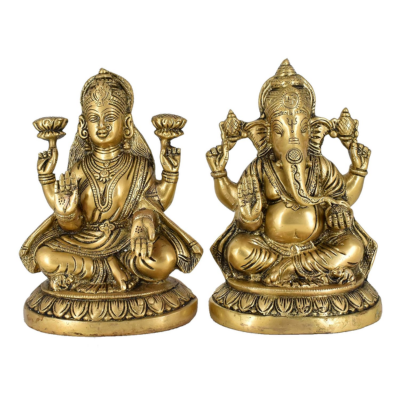 Handcrafted 8-inch brass Lakshmi and Ganesha idol set seated on lotus bases, antique gold finish perfect for Diwali pooja and home mandir- ArtyCraftz
