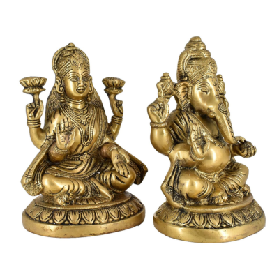 Handcrafted 8-inch brass Lakshmi and Ganesha idol set seated on lotus bases, antique gold finish perfect for Diwali pooja and home mandir- ArtyCraftz
