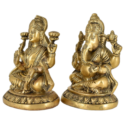Handcrafted 8-inch brass Lakshmi and Ganesha idol set seated on lotus bases, antique gold finish perfect for Diwali pooja and home mandir- ArtyCraftz