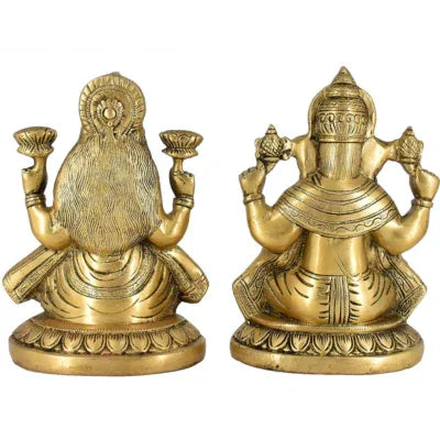 Handcrafted 8-inch brass Lakshmi and Ganesha idol set seated on lotus bases, antique gold finish perfect for Diwali pooja and home mandir- ArtyCraftz
