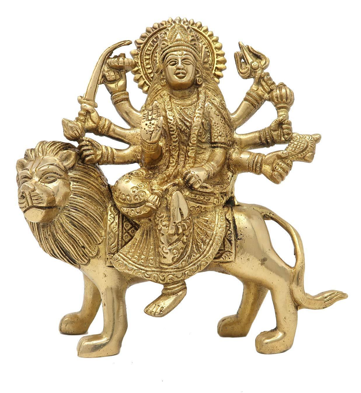 Handcrafted 8-inch solid brass Durga Mata idol seated on lion vahana — eight-armed Sherawali with trishul, sword and sun-ray halo crown, antique gold finish — ArtyCraftz