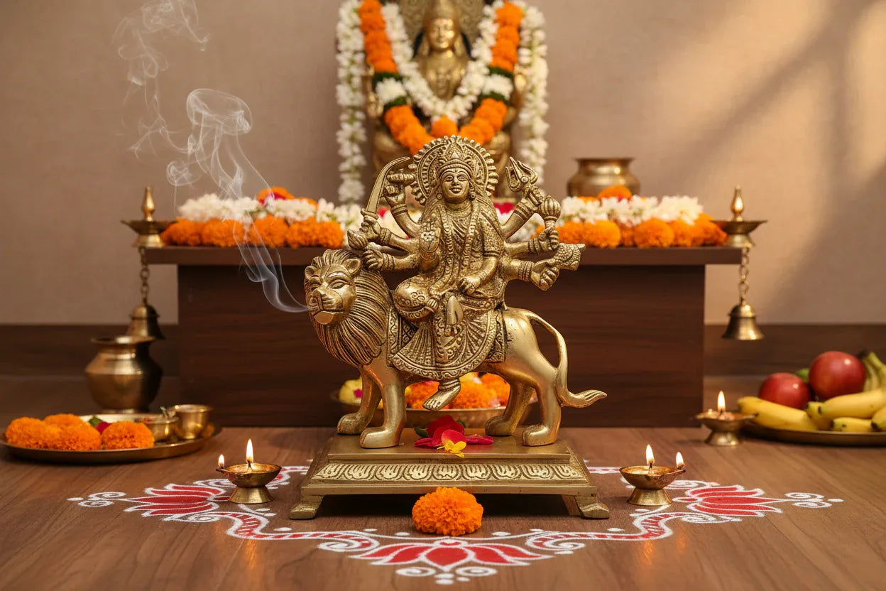 Handcrafted 8-inch solid brass Durga Mata idol seated on lion vahana — eight-armed Sherawali with trishul, sword and sun-ray halo crown, antique gold finish — ArtyCraftz