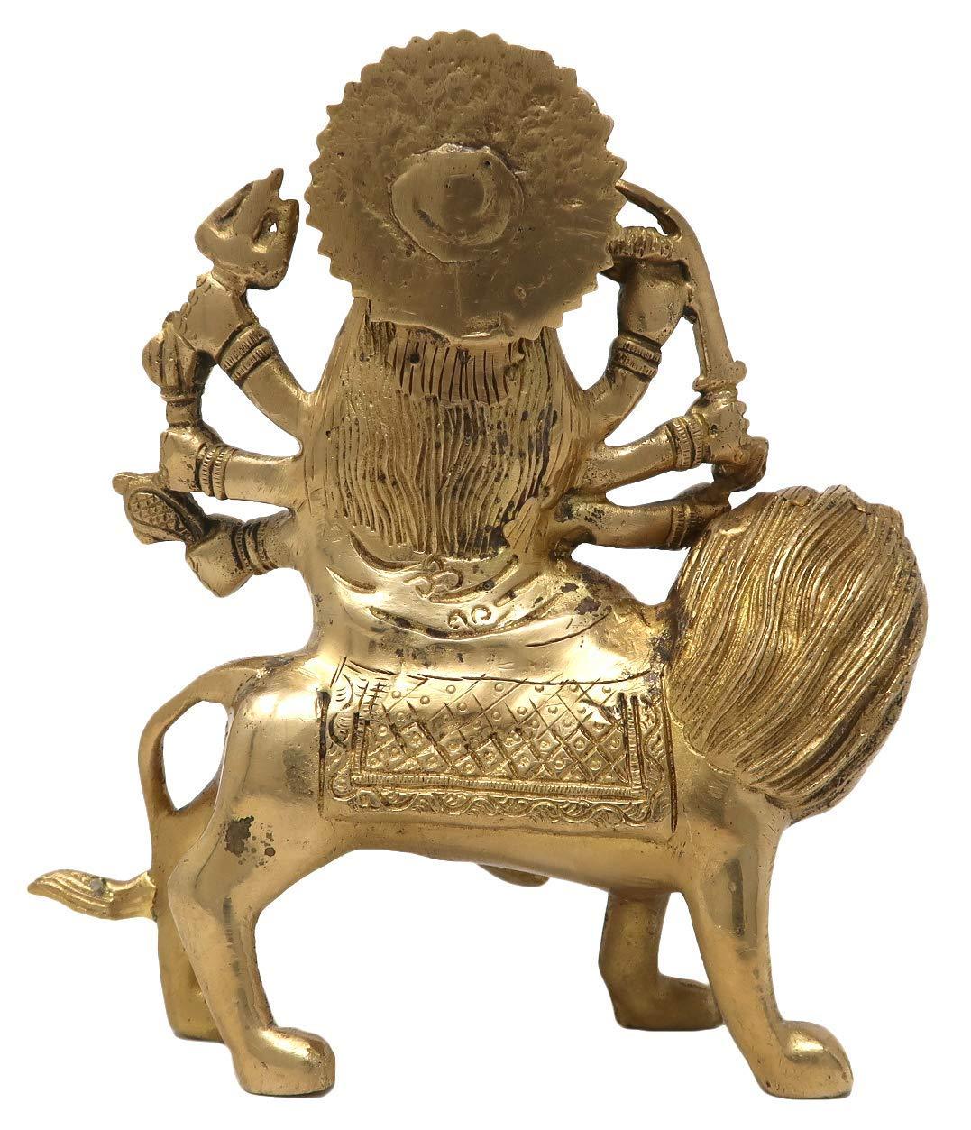 Handcrafted 8-inch solid brass Durga Mata idol seated on lion vahana — eight-armed Sherawali with trishul, sword and sun-ray halo crown, antique gold finish — ArtyCraftz