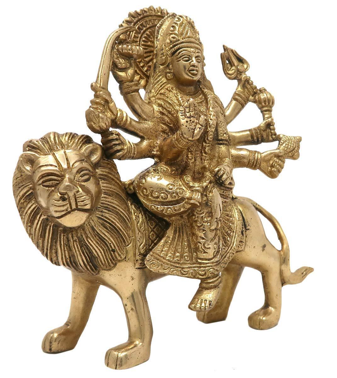 Handcrafted 8-inch solid brass Durga Mata idol seated on lion vahana — eight-armed Sherawali with trishul, sword and sun-ray halo crown, antique gold finish — ArtyCraftz