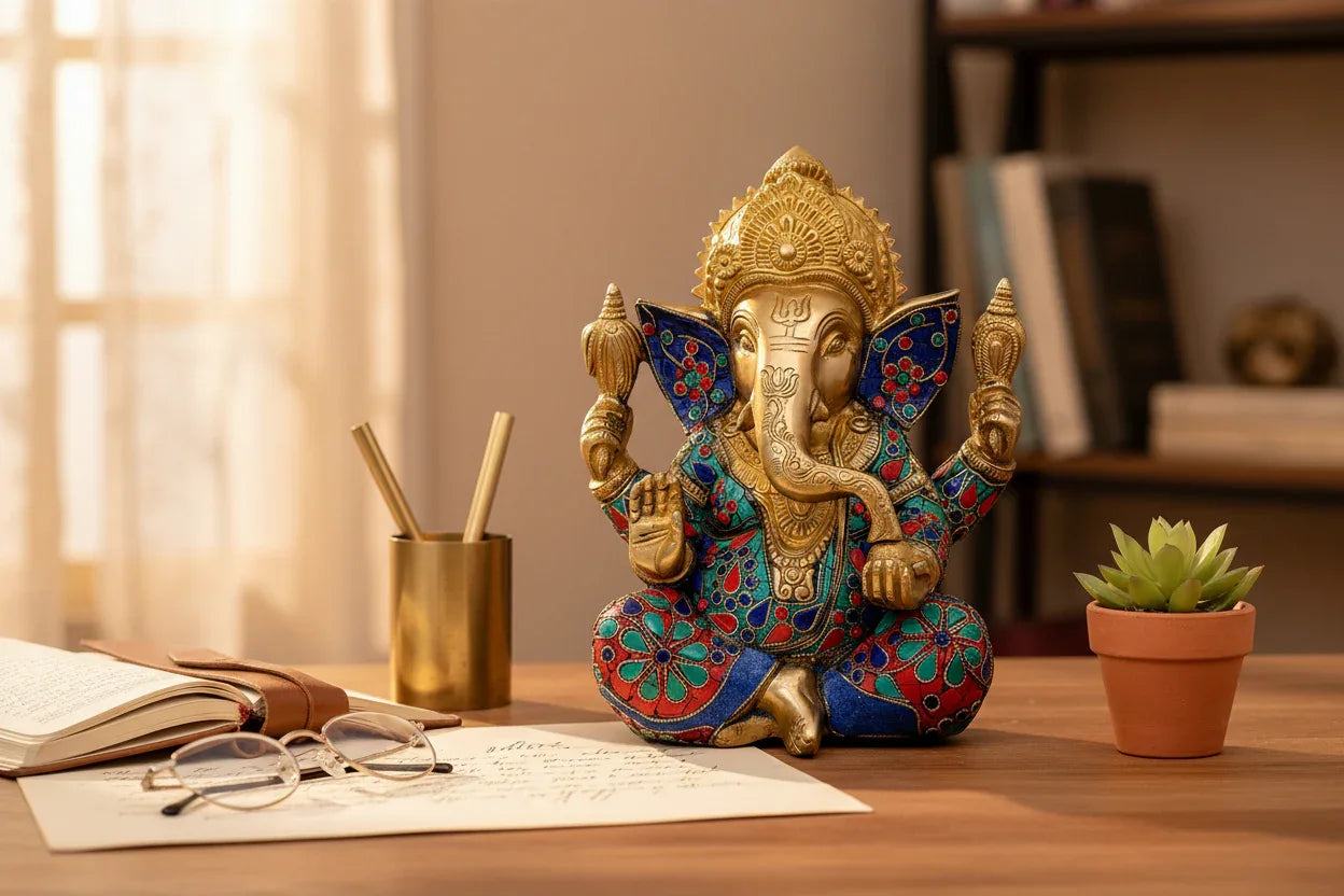 Handcrafted 9-inch solid brass Ganesha idol — full body turquoise, coral red and lapis blue stone inlay with floral and paisley motifs on ears, body and dhoti, gold face and crown — ArtyCraftz