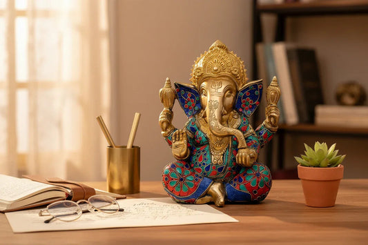 Handcrafted 9-inch solid brass Ganesha idol — full body turquoise, coral red and lapis blue stone inlay with floral and paisley motifs on ears, body and dhoti, gold face and crown — ArtyCraftz