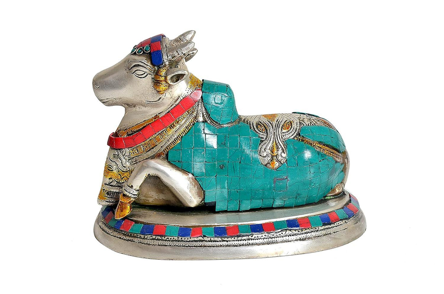Handcrafted 9.5-inch white brass Nandi idol with extensive turquoise mosaic and coral red stone inlay, silver-tone finish with gold accents, on stone-inlaid oval base — ArtyCraftz