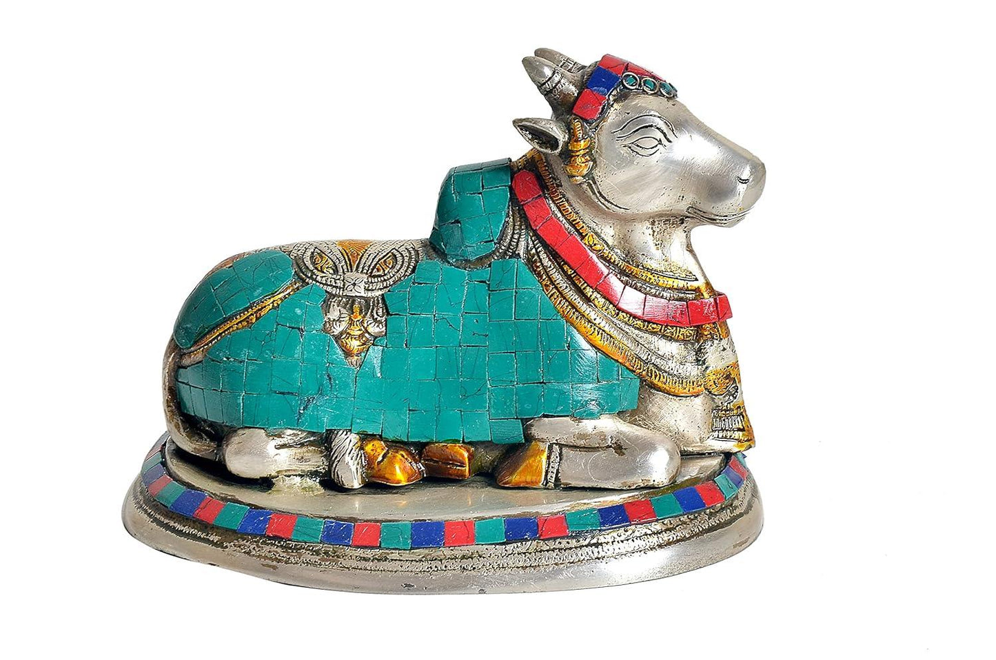 Handcrafted 9.5-inch white brass Nandi idol with extensive turquoise mosaic and coral red stone inlay, silver-tone finish with gold accents, on stone-inlaid oval base — ArtyCraftz