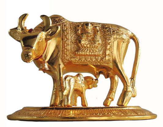 Handcrafted Aluminium Cow and Calf Showpiece for Pooja 6.5*4.8*5 Inches - ArtyCraftz.com