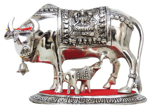 Handcrafted Aluminium Cow and Calf for Pooja 9.5*6.5*7.5 Inches - ArtyCraftz.com
