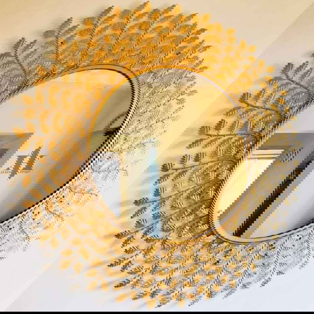 Handcrafted Beautiful Leaf Round Wall Mirror for Home Decor and Gifting 30 Inches - ArtyCraftz.com