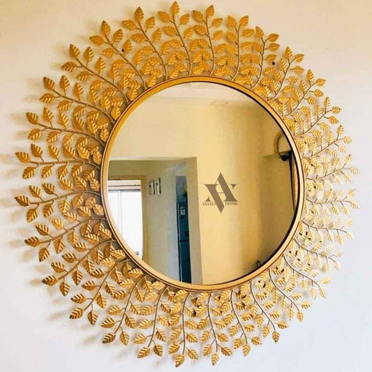 Handcrafted Beautiful Leaf Round Wall Mirror for Home Decor and Gifting 30 Inches - ArtyCraftz.com