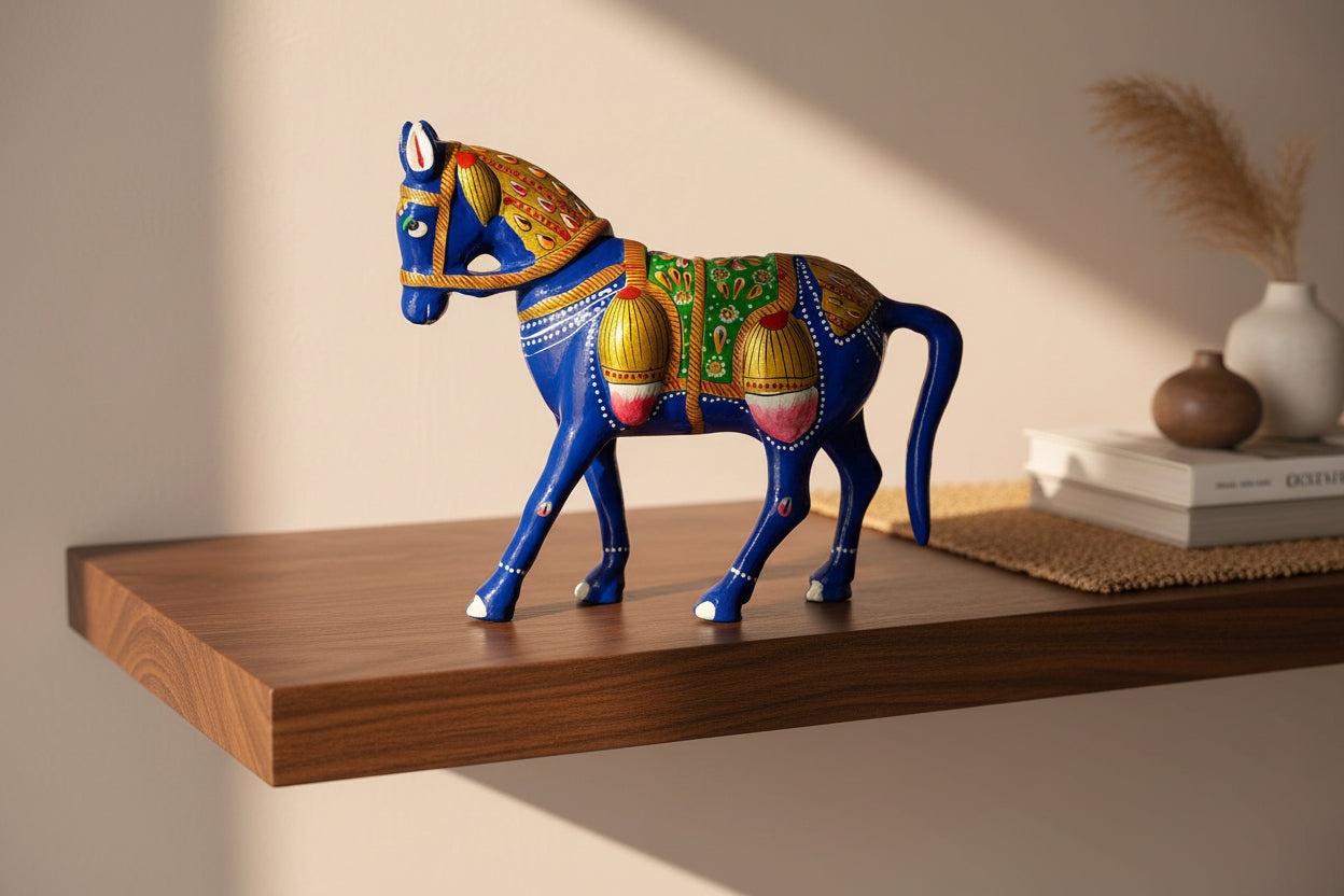 Handcrafted Blue Metal Horse Showpiece – Rajasthani Painted Decor-ArtyCraftz.com