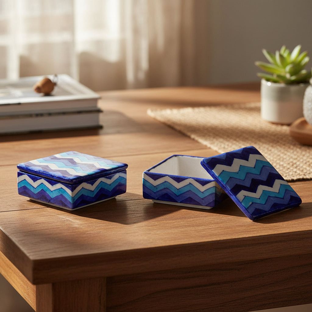 Handcrafted Blue Pottery Square Storage Box-ArtyCraftz.com