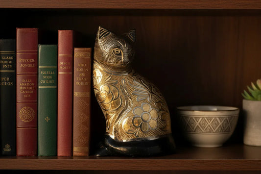 Handcrafted Brass Cat Showpiece Floral Engraved Decorative Figurine - ArtyCraftz.com