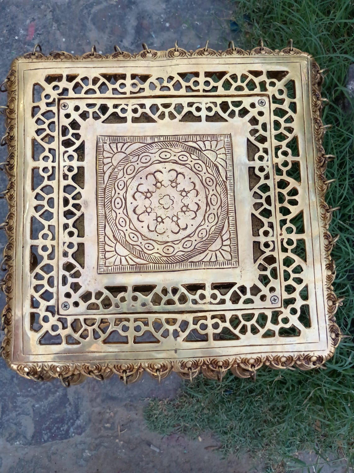 Handcrafted Brass Chowki with Hanging Bells for Pooja & Home Decor - ArtyCraftz.com