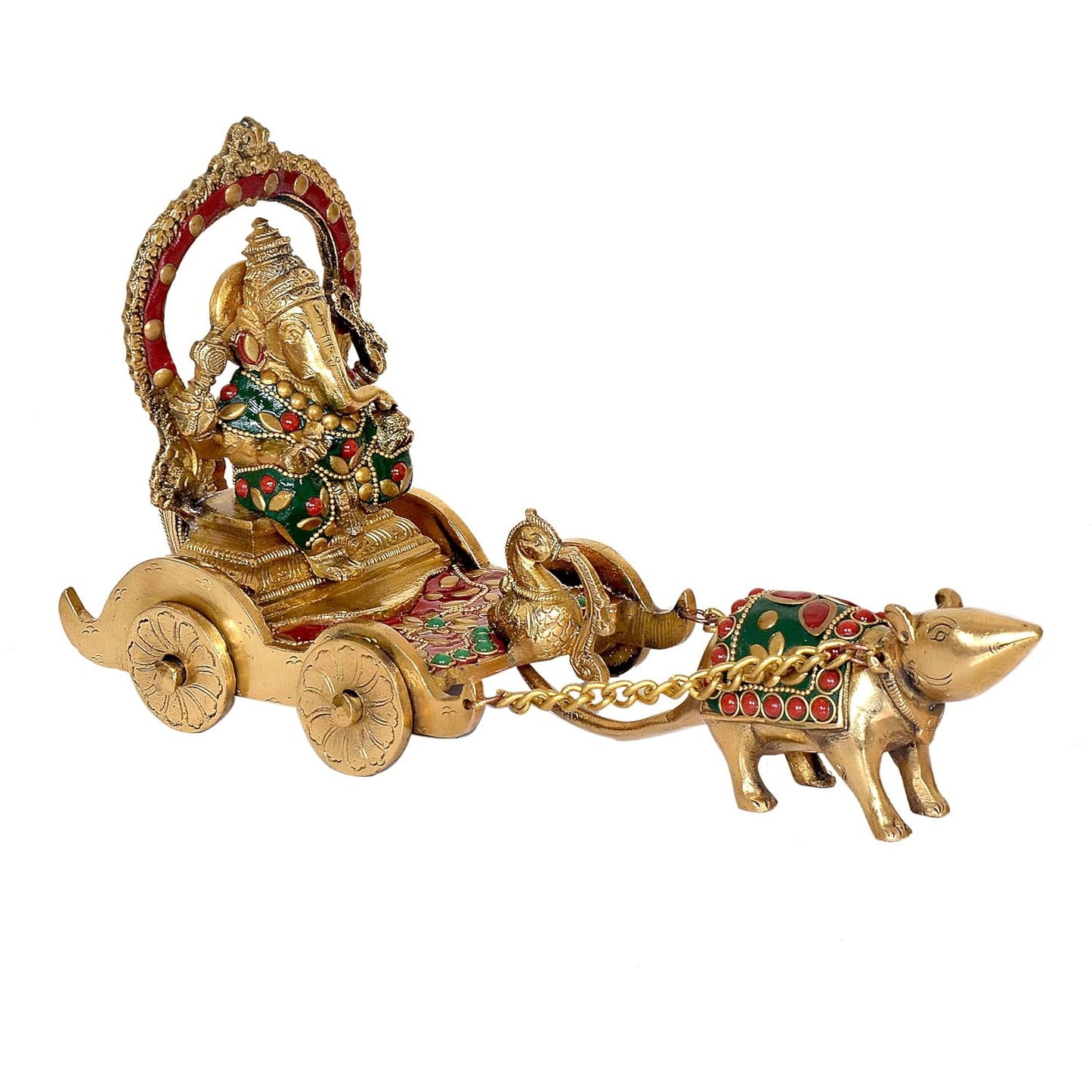 Handcrafted Brass Ganesha Mouse Chariot with Stone Inlay-ArtyCraftz.com