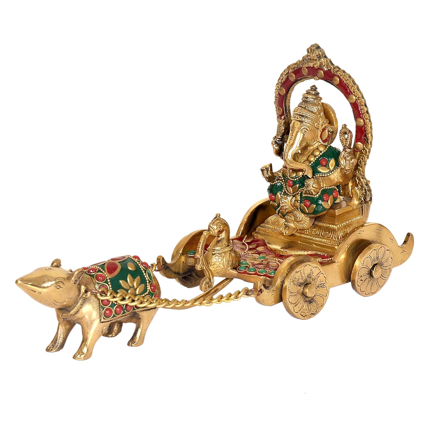 Handcrafted Brass Ganesha Mouse Chariot with Stone Inlay-ArtyCraftz.com