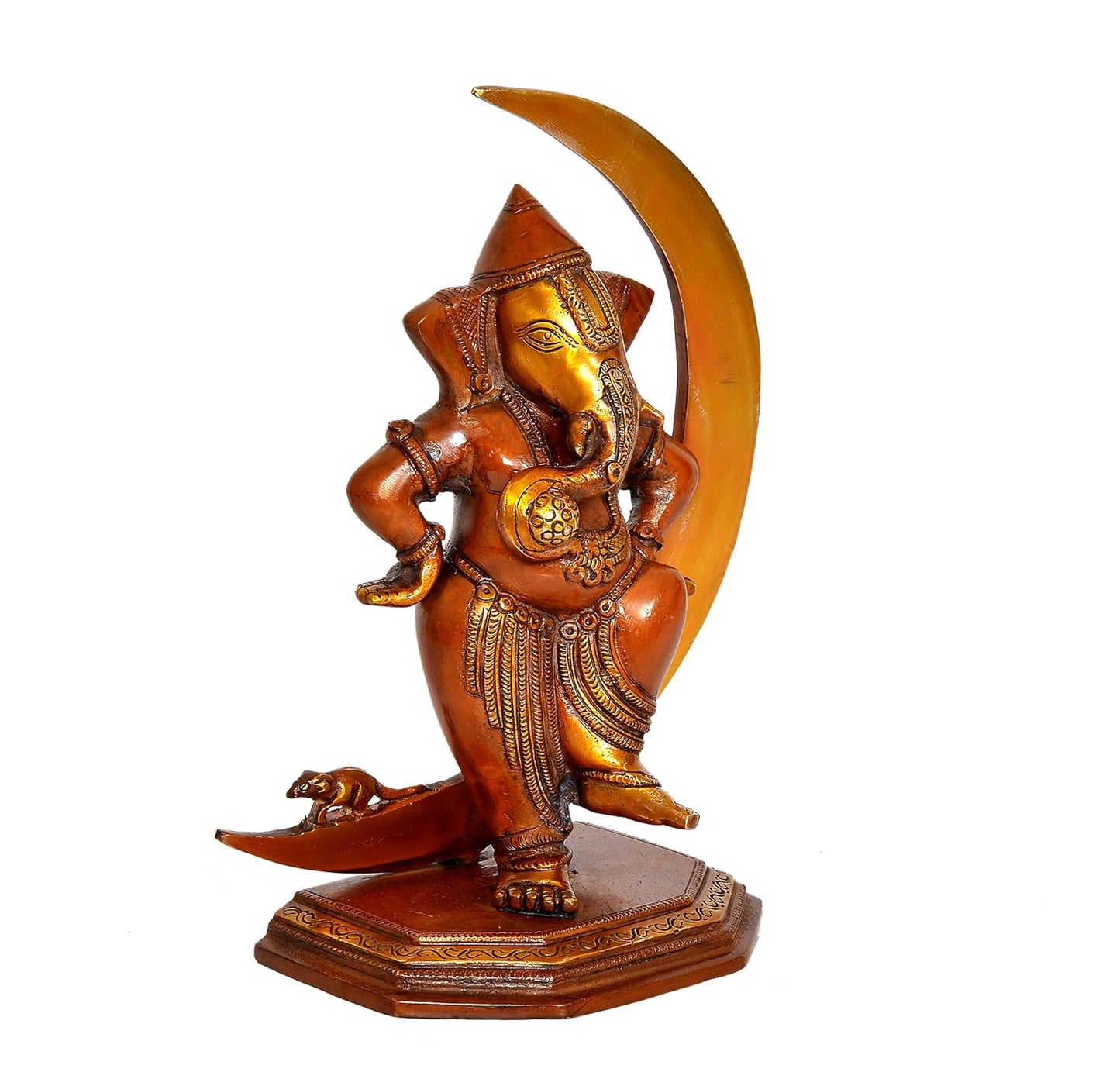 Handcrafted Brass Ganesha Statue with Crescent Moon for Home Decor Left View-ArtyCraftz.com