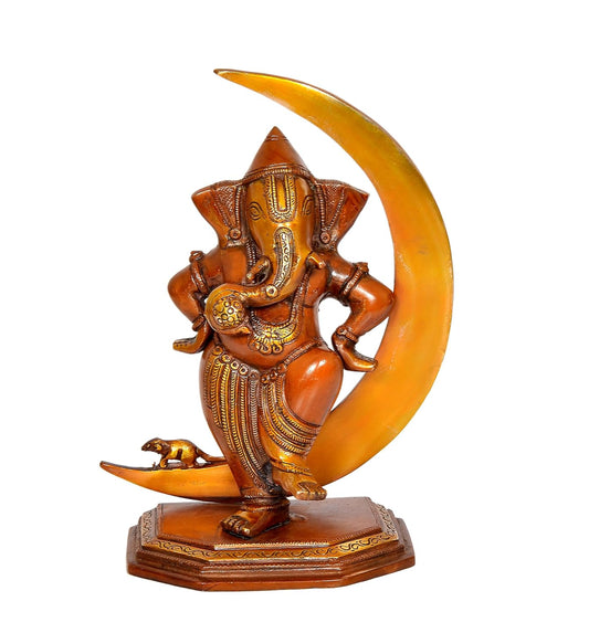 Handcrafted Brass Ganesha Statue with Crescent Moon for Home Decor Front View-ArtyCraftz.com