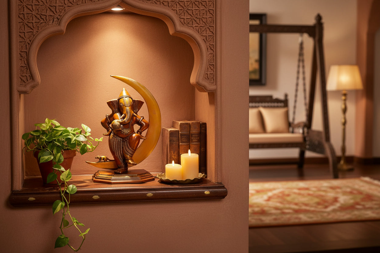 Handcrafted Brass Ganesha Statue with Crescent Moon for Home Decor-ArtyCraftz.com