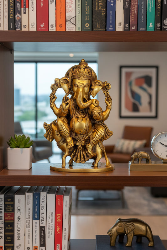 Handcrafted Brass Ganesha on Rat 10 Inches Statue-ArtyCraftz.com