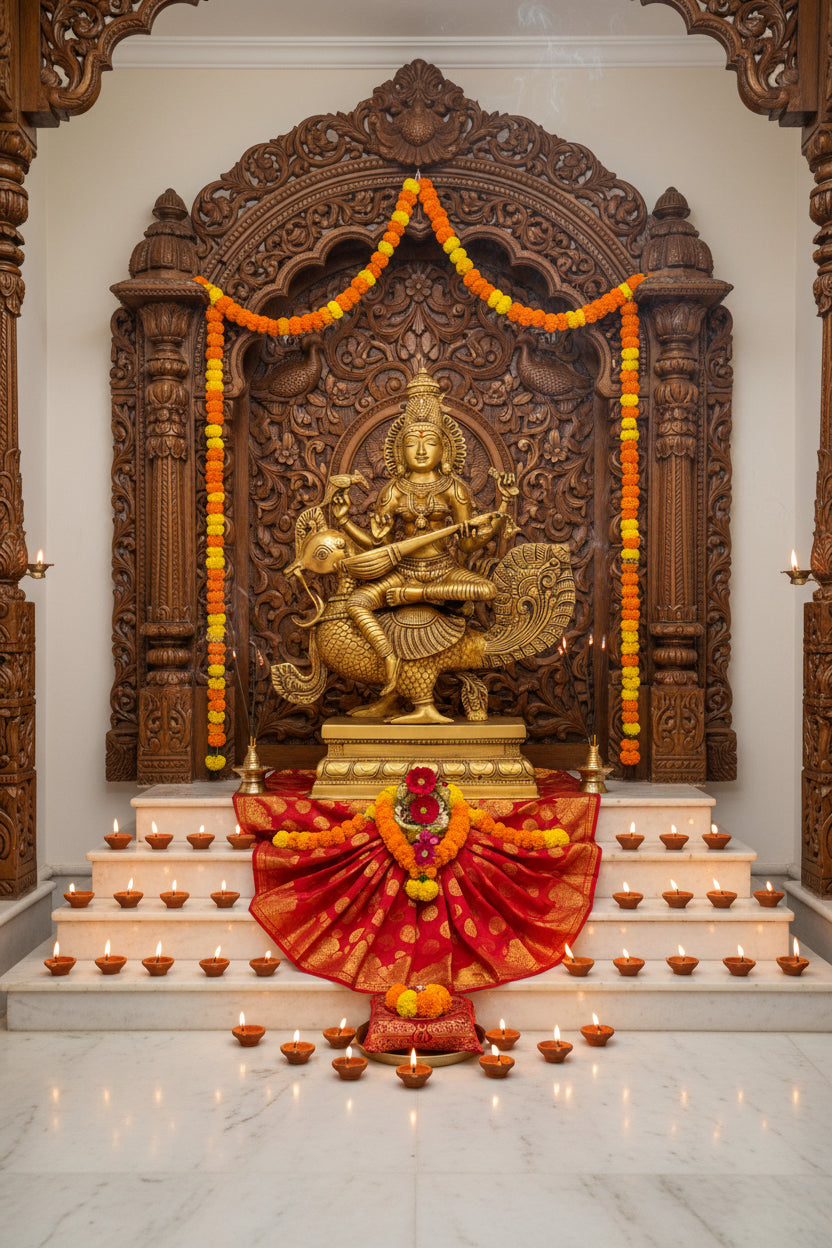 Handcrafted Brass Goddess Saraswati Statue on Swan for Home Temple Decor-ArtyCraftz.com